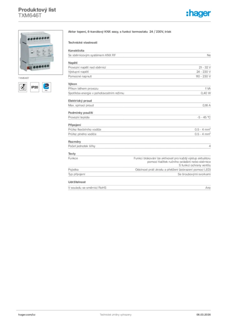 Obrázek Hager Product data sheet TXM646T | Hager