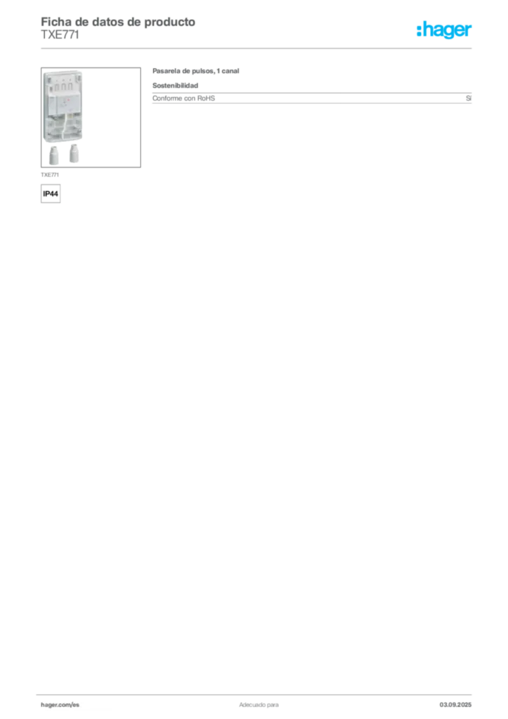 Imagen Hager Ficha de datos de producto TXE771 | Hager España
