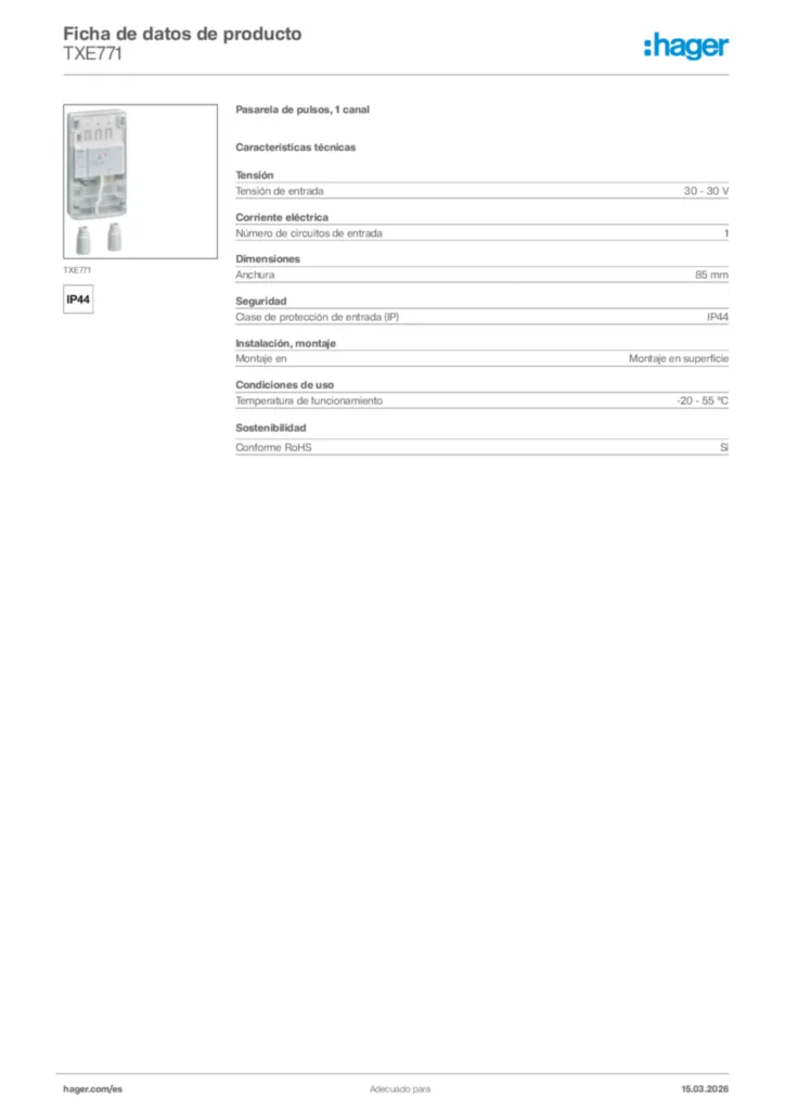 Imagen Hager Ficha de datos de producto TXE771 | Hager España