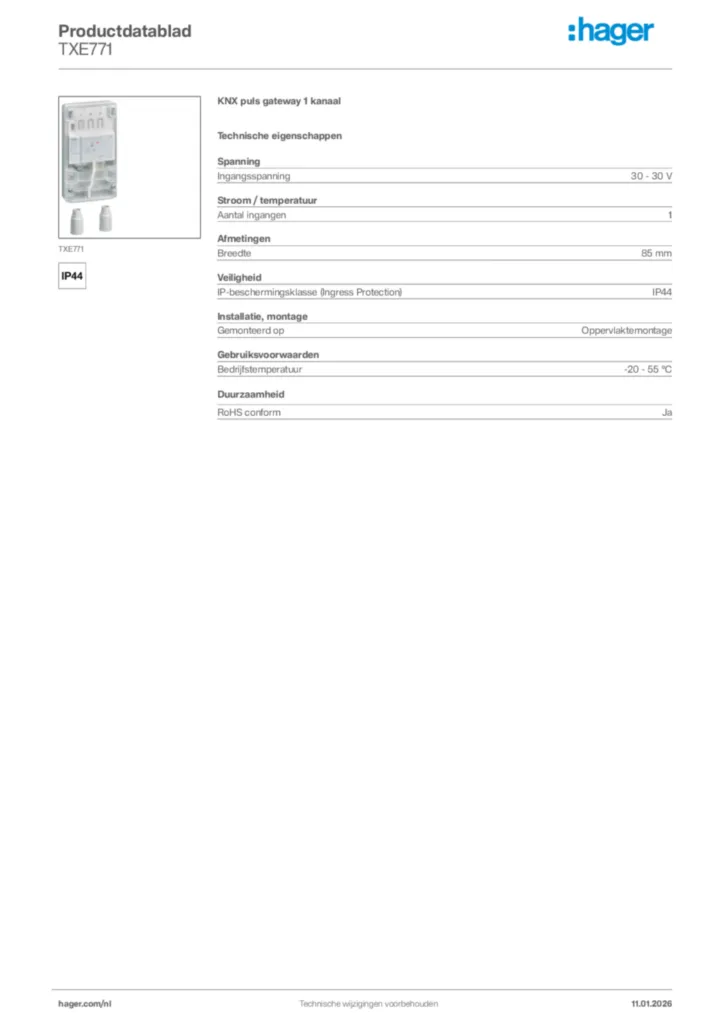Afbeelding Hager Productdatablad TXE771 | Hager Nederland