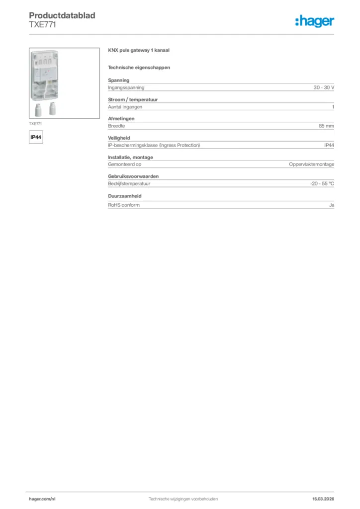 Afbeelding Hager Productdatablad TXE771 | Hager Nederland