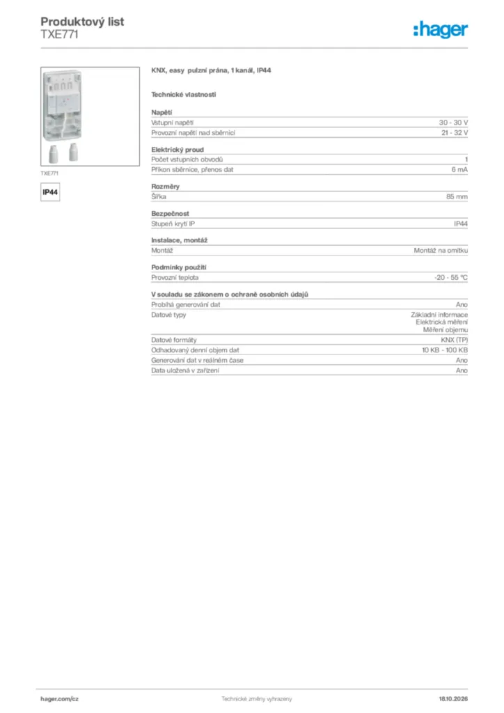 Obrázek Hager Generováno - Datový list produktu TXE771 | Hager