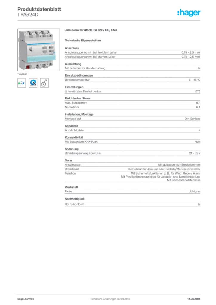 Hager Produktdatenblatt TYA624D