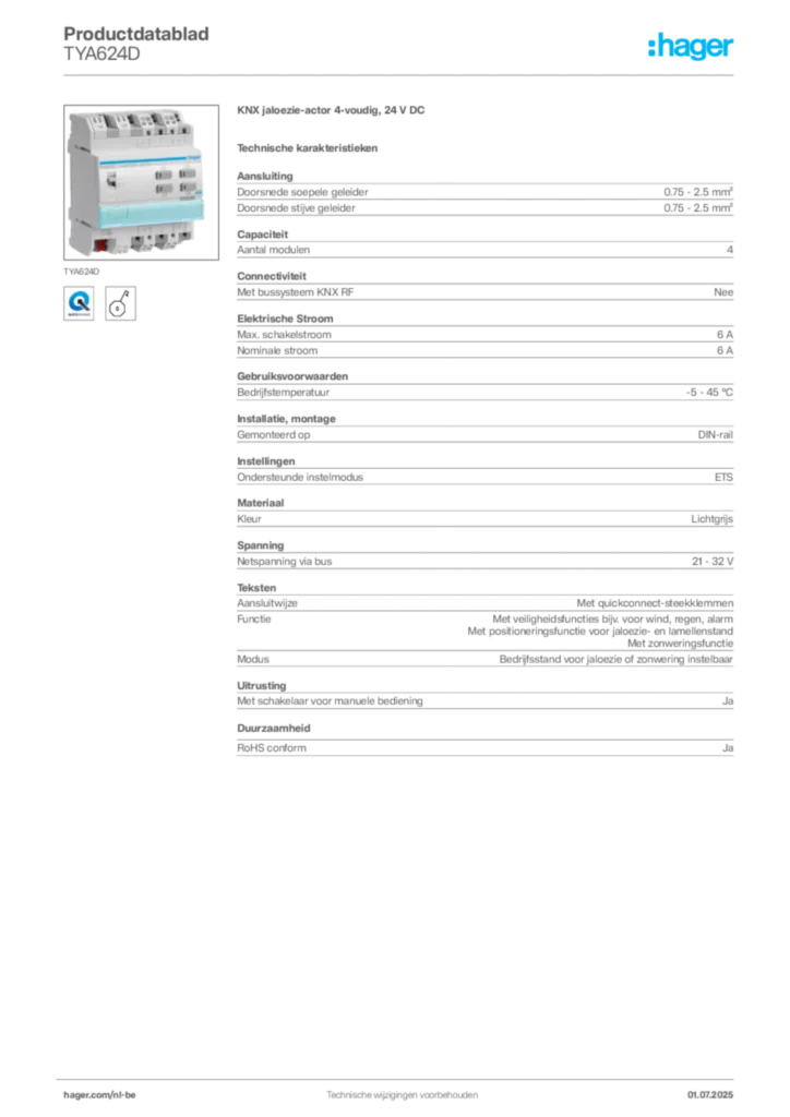 Afbeelding Hager Productdatablad TYA624D | Hager Belgium