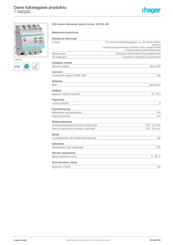 Zdjęcie Hager Dane katalogowe produktu TYA624D | Hager Polska
