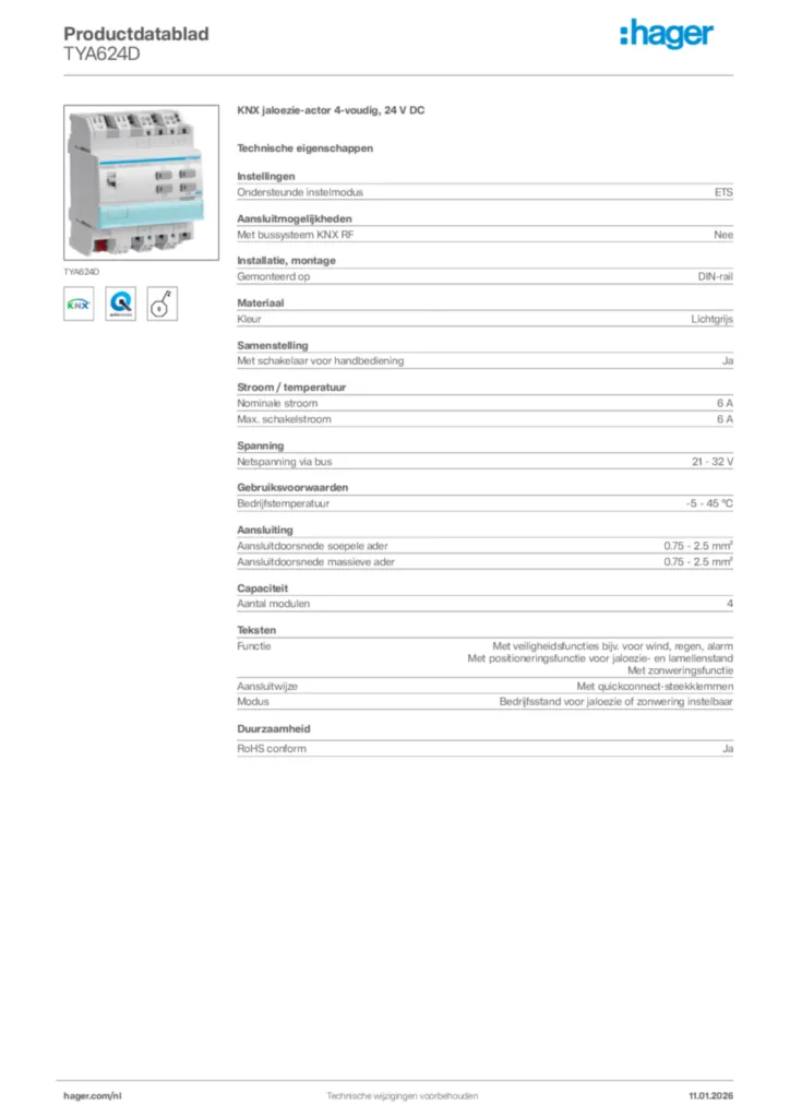 Afbeelding Hager Productdatablad TYA624D | Hager Nederland