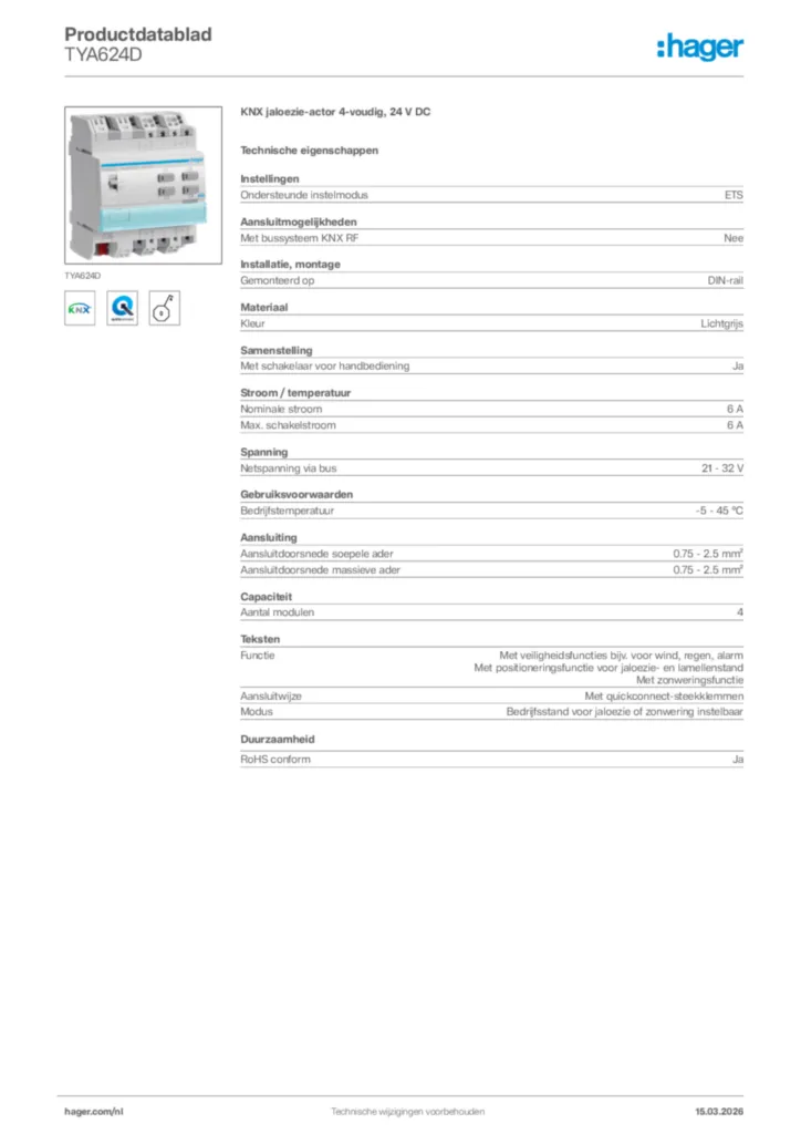 Afbeelding Hager Productdatablad TYA624D | Hager Nederland