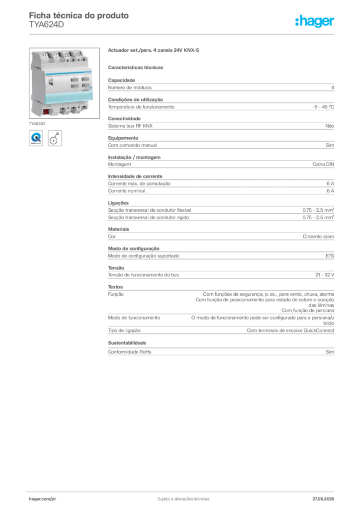 Imagem Hager Ficha técnica do produto TYA624D | Hager Portugal