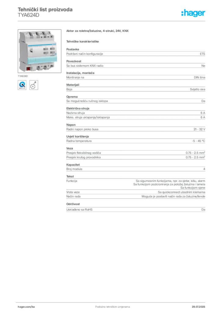 Slika Hager Product data sheet TYA624D  | Hager