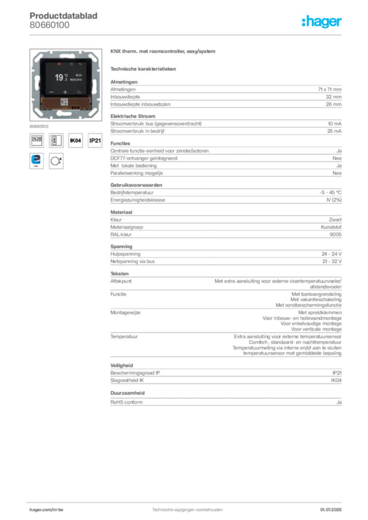 Afbeelding Hager Productdatablad 80660100 | Hager Belgium
