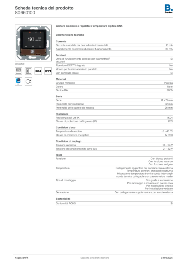 Immagine Berker Scheda tecnica del prodotto 80660100 | Hager Italia