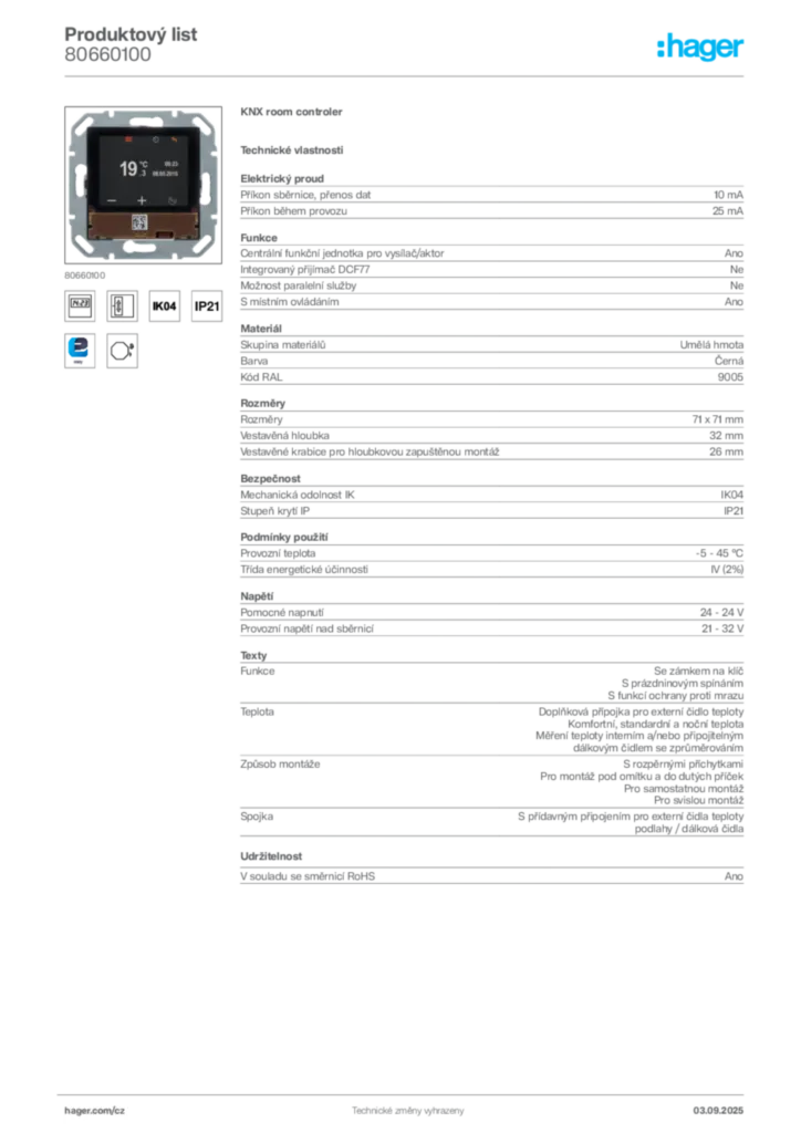 Obrázek Hager Produktový list 80660100 | Hager