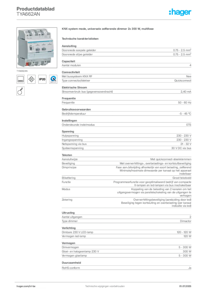 Afbeelding Hager Productdatablad TYA662AN | Hager Belgium