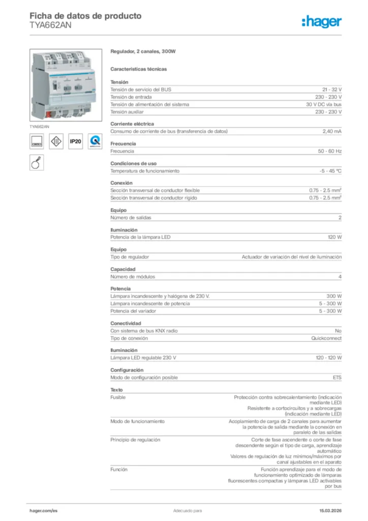 Imagen Hager Ficha de datos de producto TYA662AN | Hager España