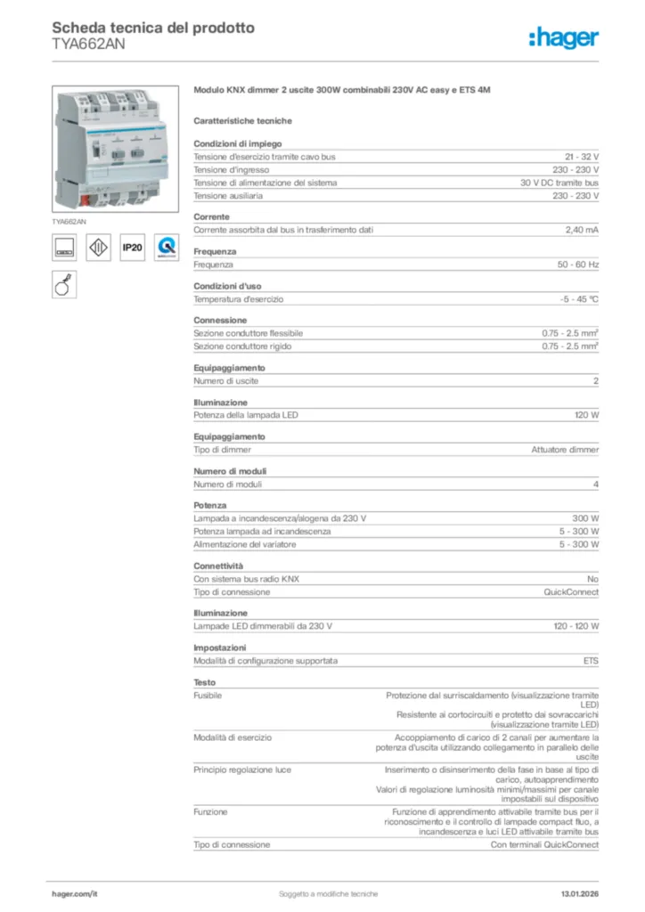 Immagine Hager Scheda tecnica del prodotto TYA662AN | Hager Italia