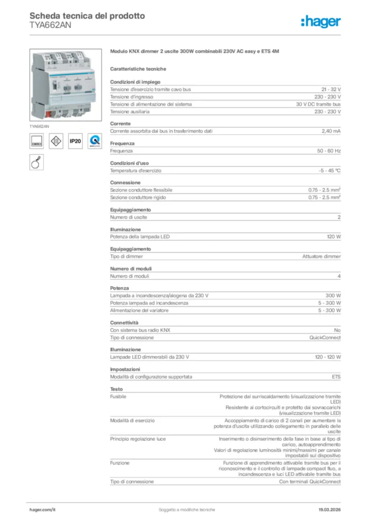 Immagine Hager Scheda tecnica del prodotto TYA662AN | Hager Italia