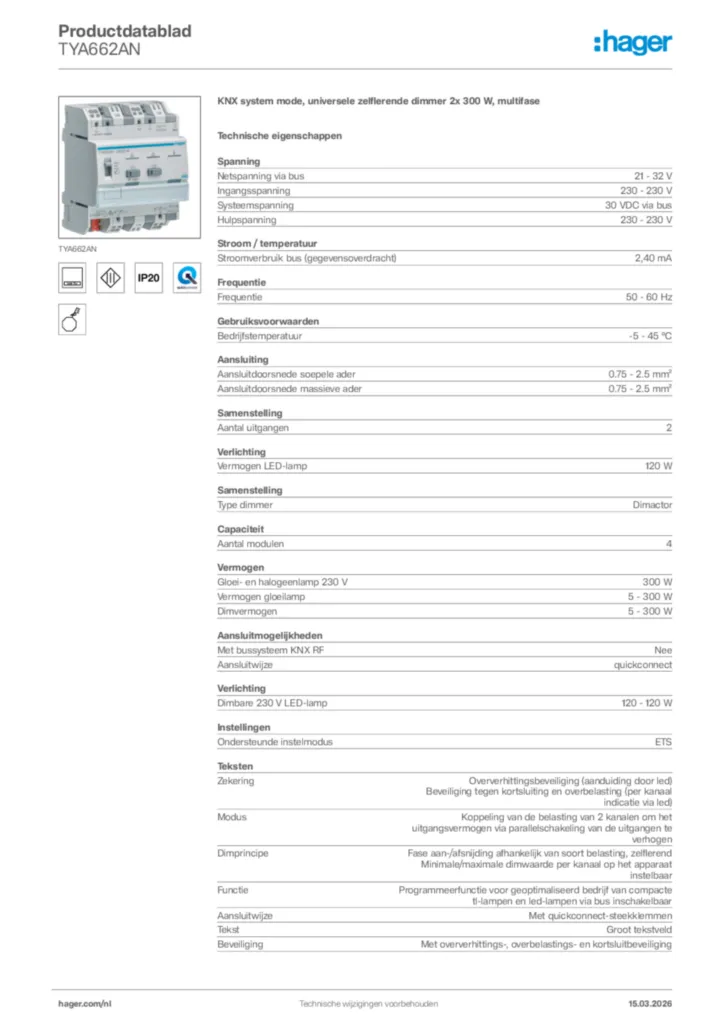 Afbeelding Hager Productdatablad TYA662AN | Hager Nederland