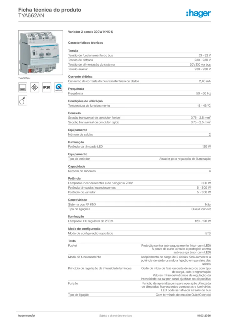 Imagem Hager Ficha técnica do produto TYA662AN | Hager Portugal