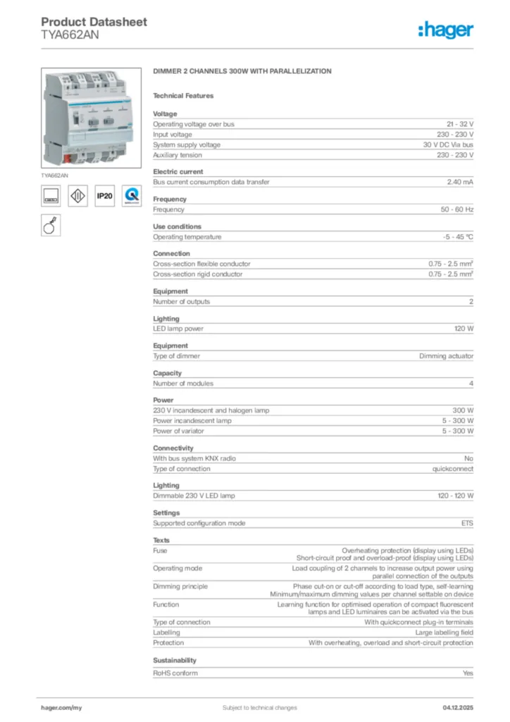 Image Hager Product data sheet TYA662AN  | Hager