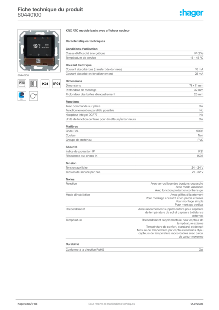 Image Hager Fiche technique du produit 80440100 | Hager Belgique