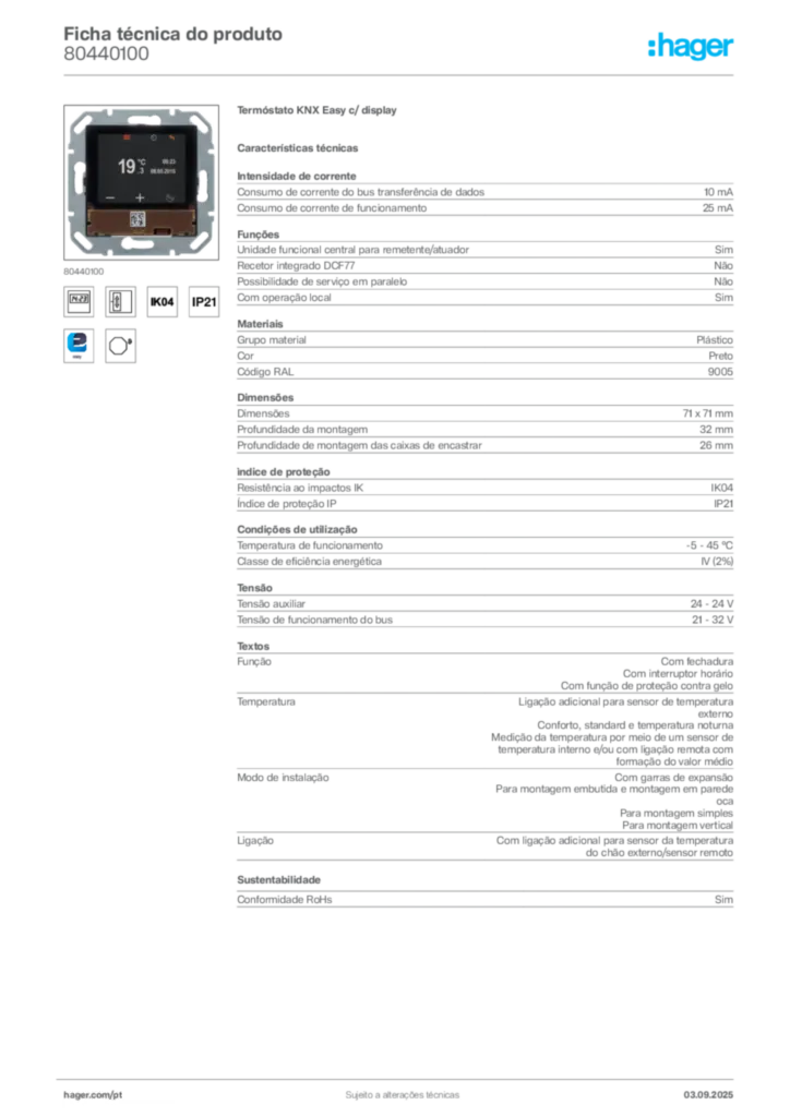 Imagem Hager Ficha técnica do produto 80440100 | Hager Portugal