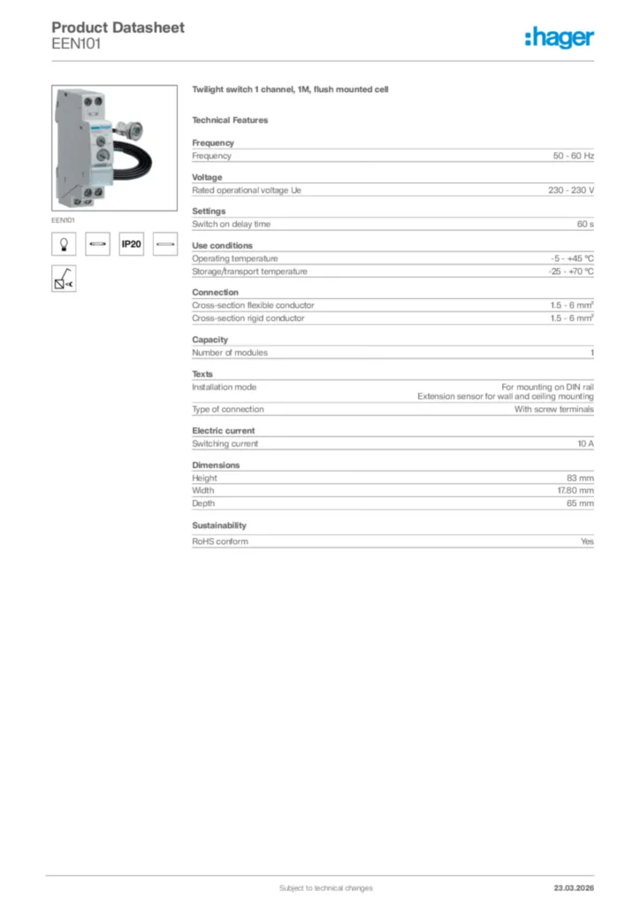 Image Hager Product data sheet EEN101  | Hager Africa