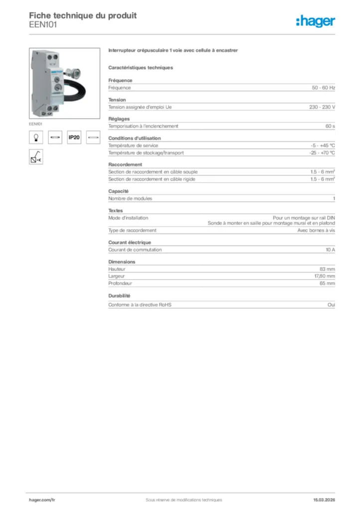 Image Hager Fiche technique du produit EEN101 | Hager France