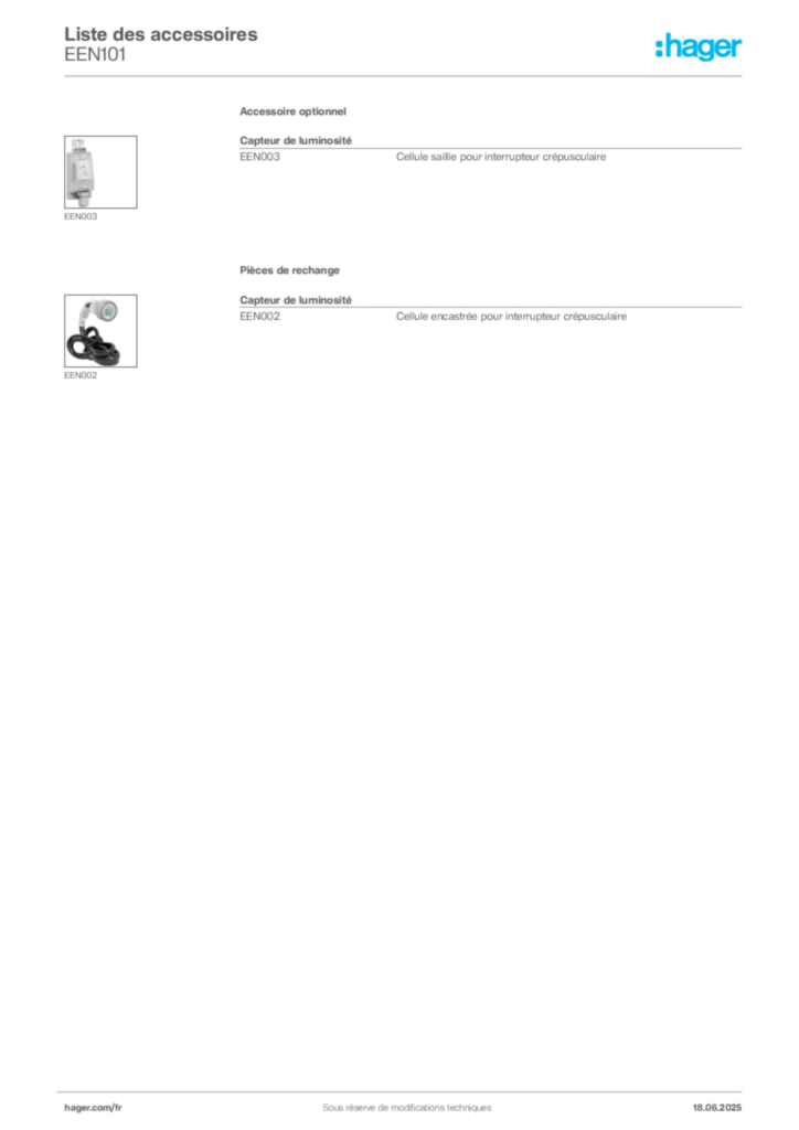 Image Hager Fiche technique du produit EEN101 | Hager France