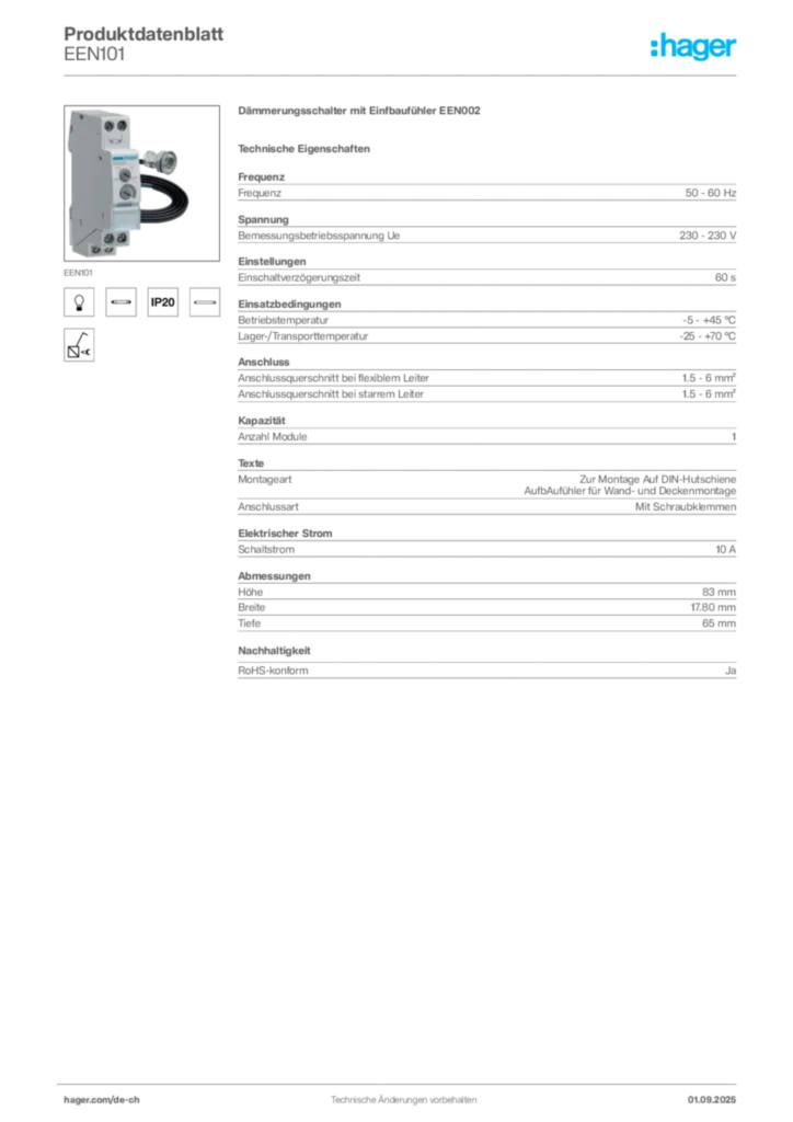 Bild Hager Produktdatenblatt EEN101 | Hager Schweiz