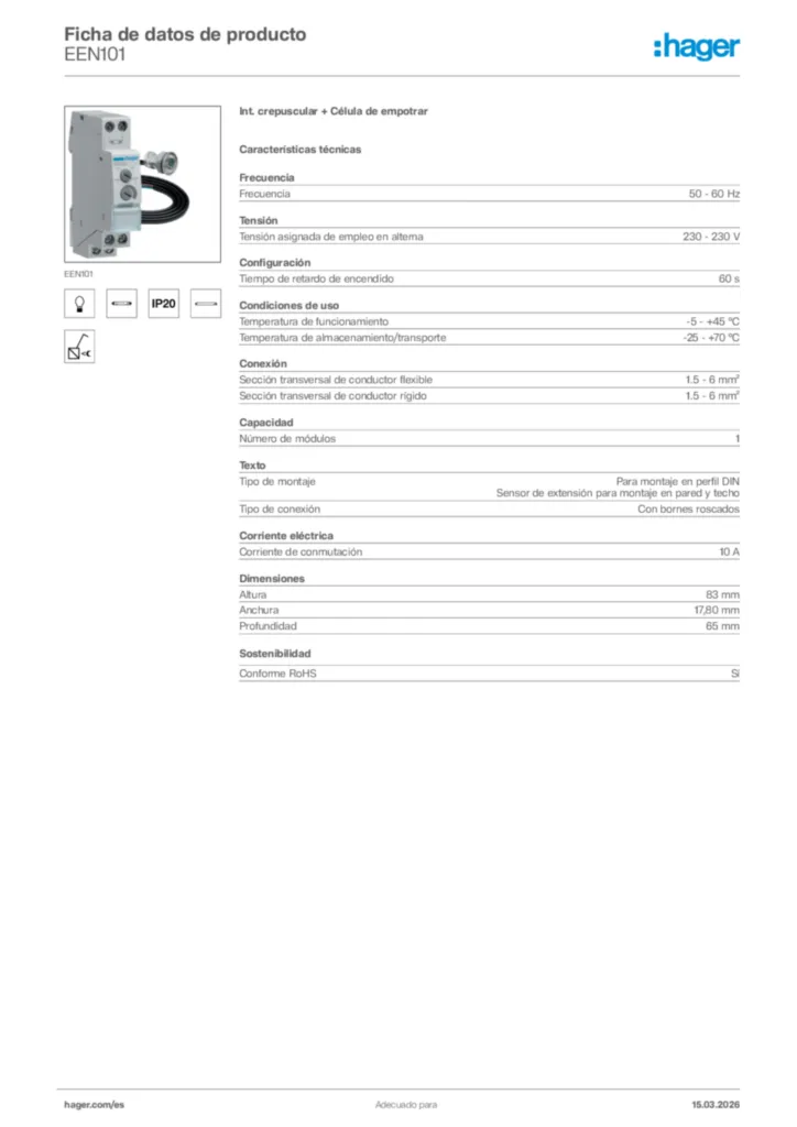 Imagen Hager Ficha de datos de producto EEN101 | Hager España