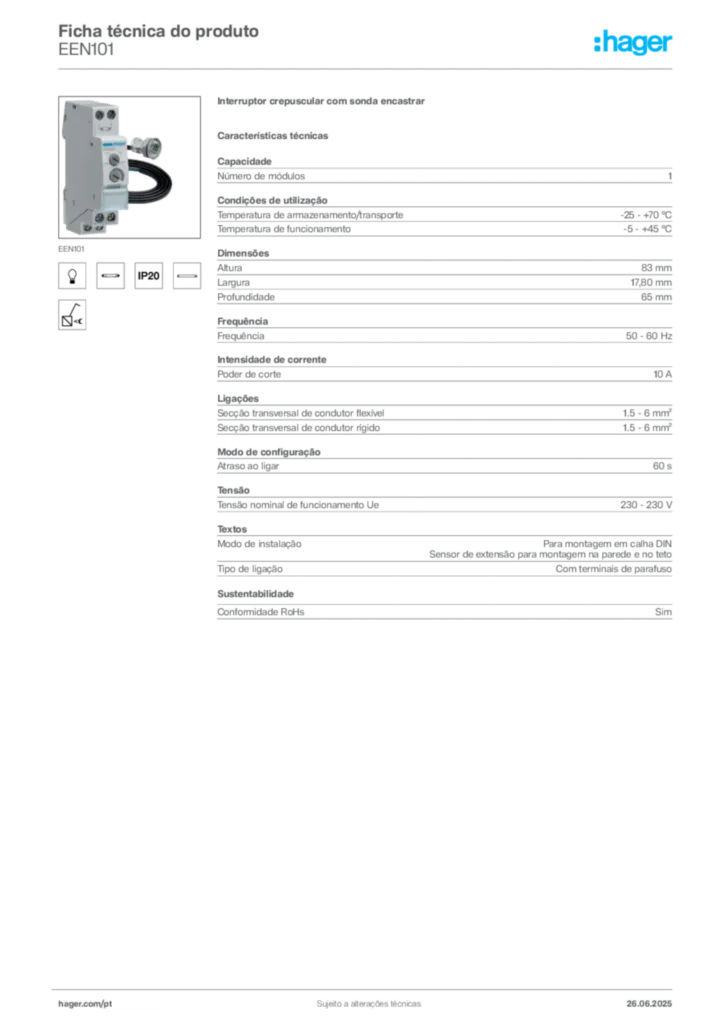 Imagem Hager Ficha técnica do produto EEN101 | Hager Portugal