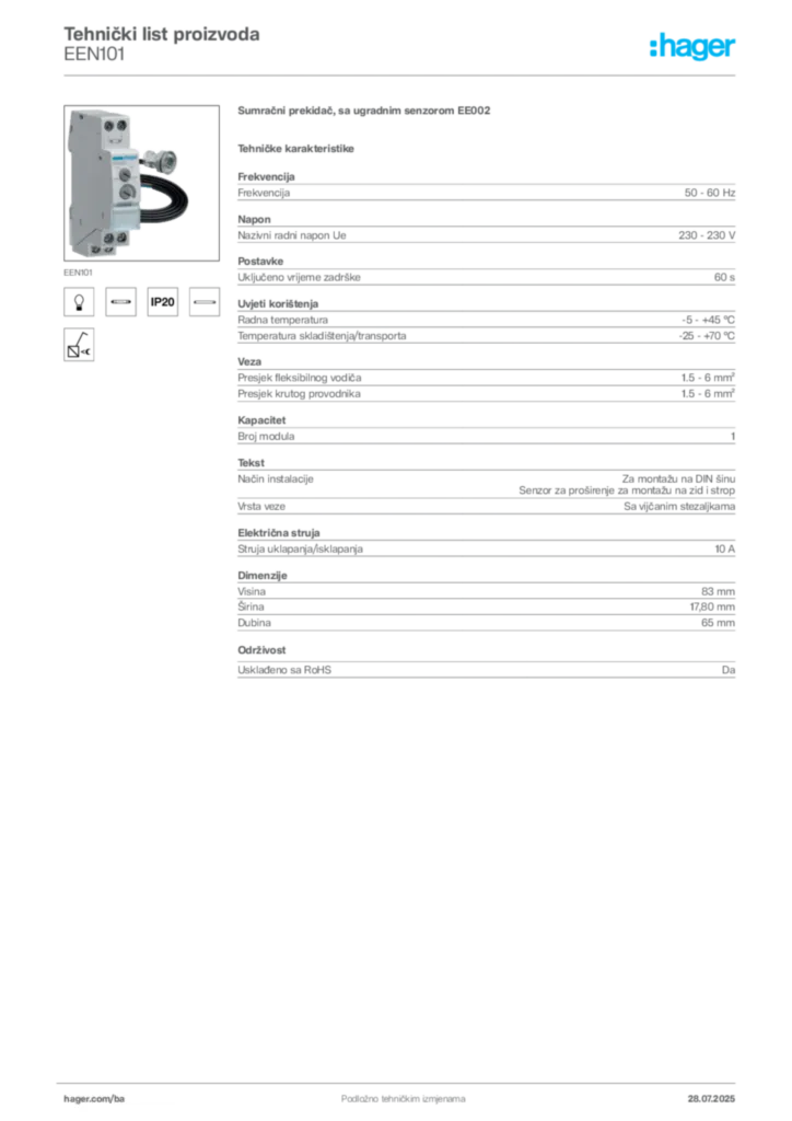 Slika Hager Product data sheet EEN101  | Hager