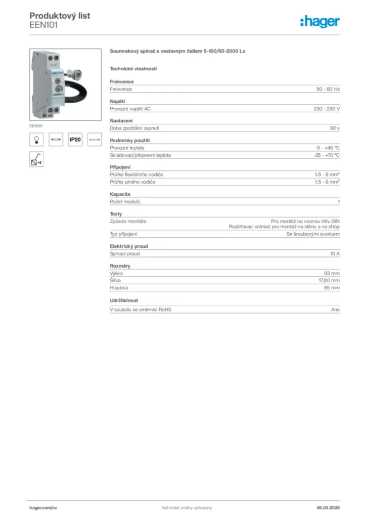 Obrázek Hager Product data sheet EEN101 | Hager