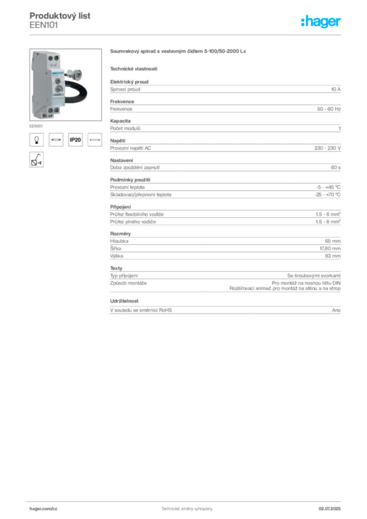 Obrázek Hager Produktový list EEN101 | Hager