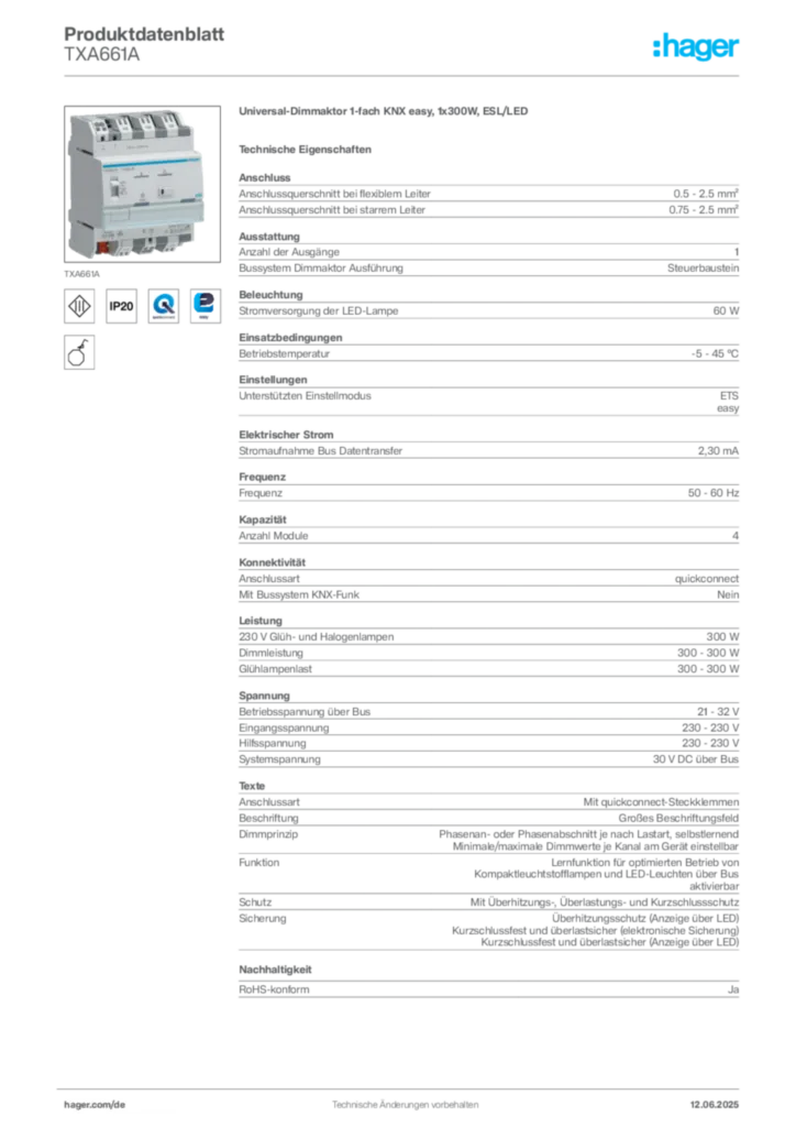 Hager Produktdatenblatt TXA661A