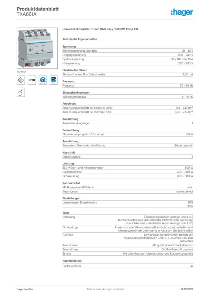 Bild Hager Produktdatenblatt TXA661A | Hager Deutschland