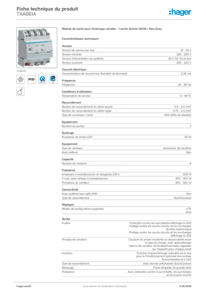 Image Hager Fiche technique du produit TXA661A | Hager France