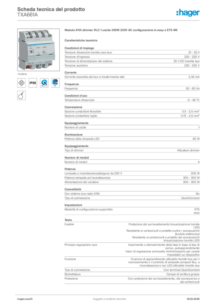 Immagine Hager Scheda tecnica del prodotto TXA661A | Hager Italia