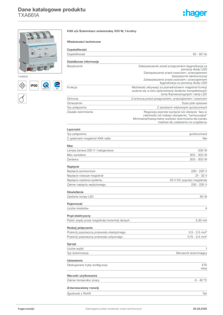 Zdjęcie Hager Dane katalogowe produktu TXA661A | Hager Polska