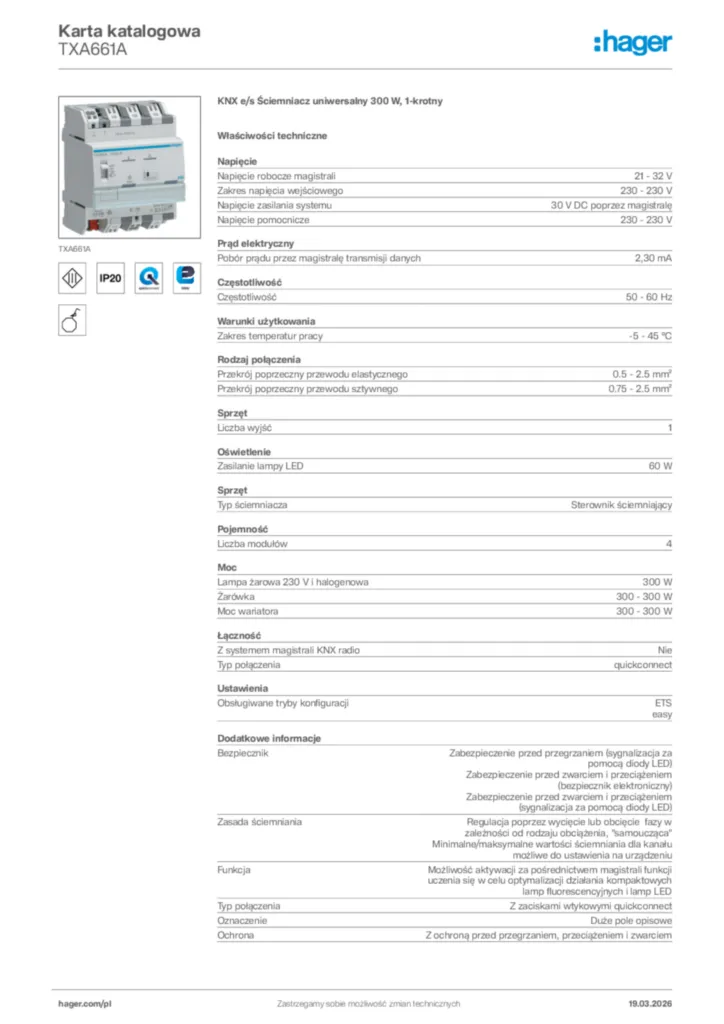 Zdjęcie Hager Karta katalogowa TXA661A | Hager Polska