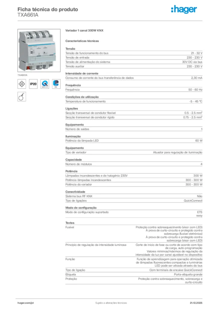 Imagem Hager Ficha técnica do produto TXA661A | Hager Portugal