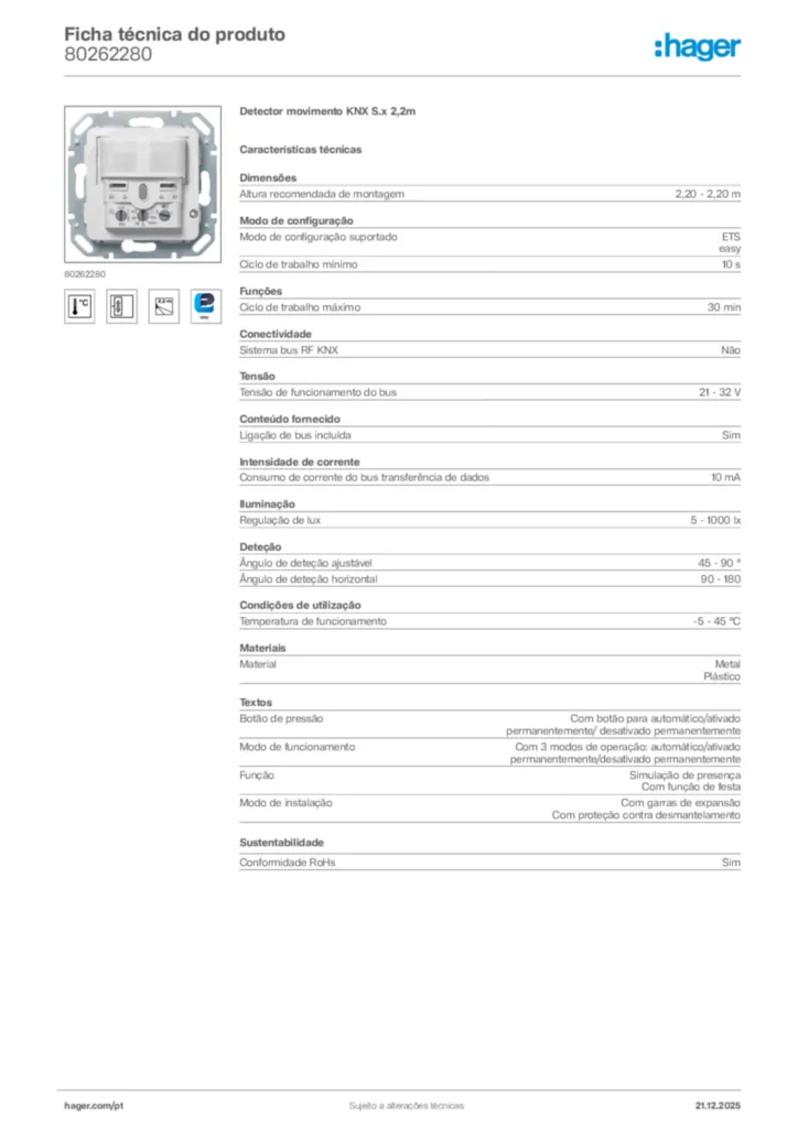 Imagem Hager Ficha técnica do produto 80262280 | Hager Portugal