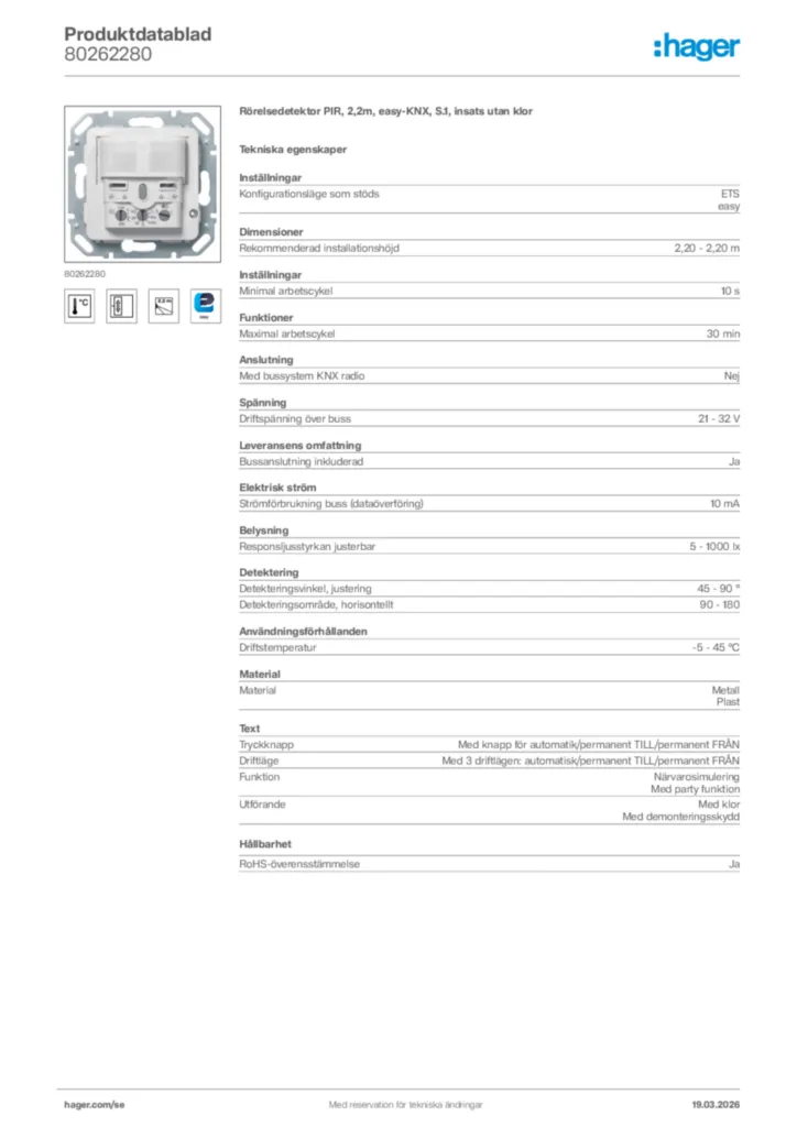 Bild Hager Produktdatablad 80262280 | Hager Sverige