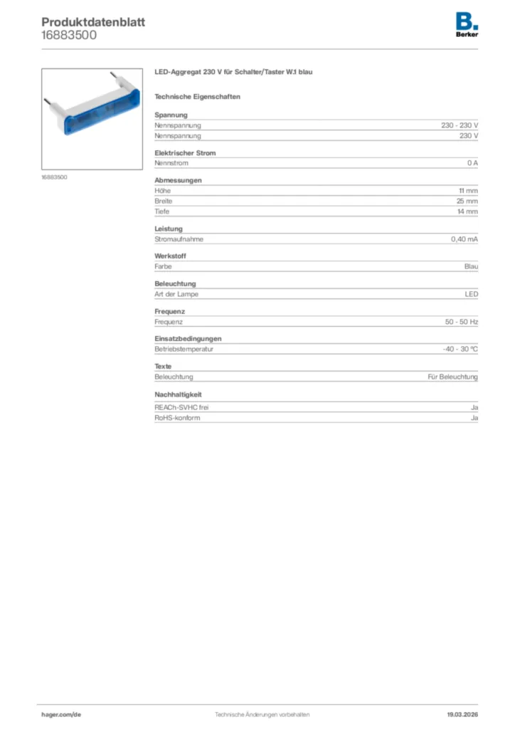 Bild Berker Produktdatenblatt 16883500 | Hager Deutschland
