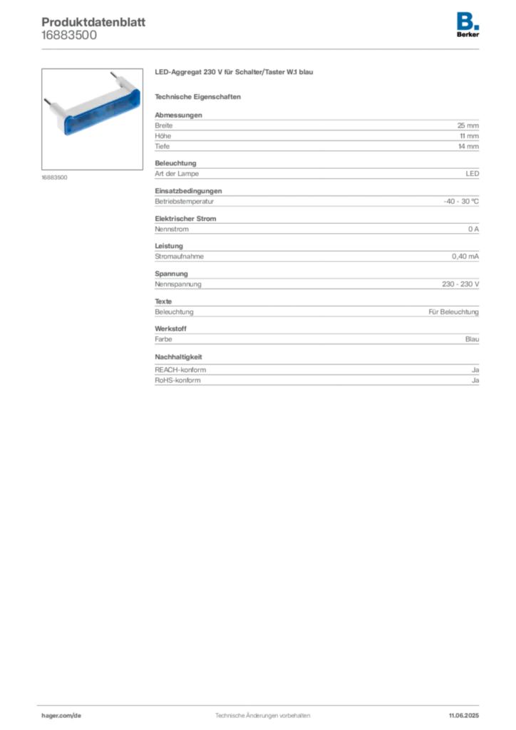 Bild Berker Produktdatenblatt 16883500 | Hager Deutschland