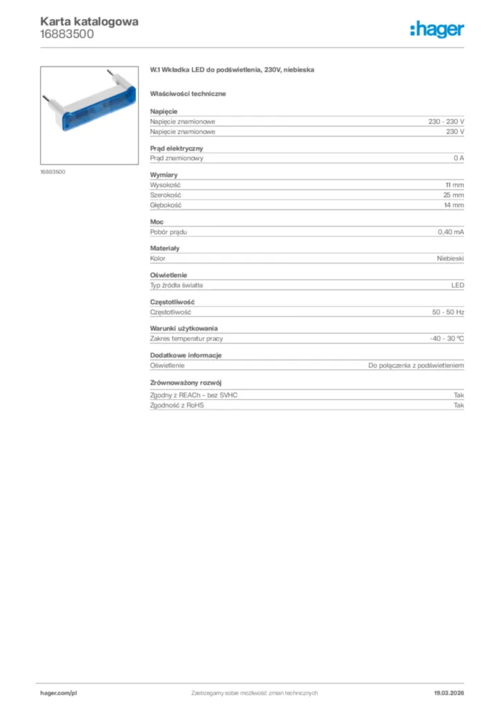 Zdjęcie Hager Karta katalogowa 16883500 | Hager Polska