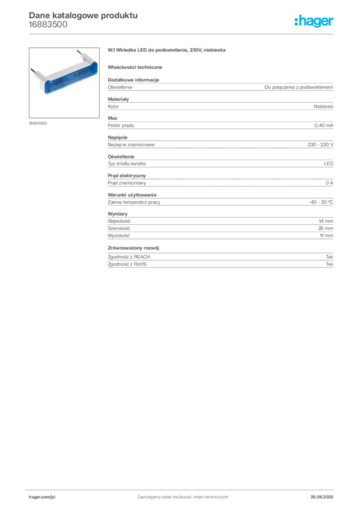 Zdjęcie Hager Dane katalogowe produktu 16883500 | Hager Polska