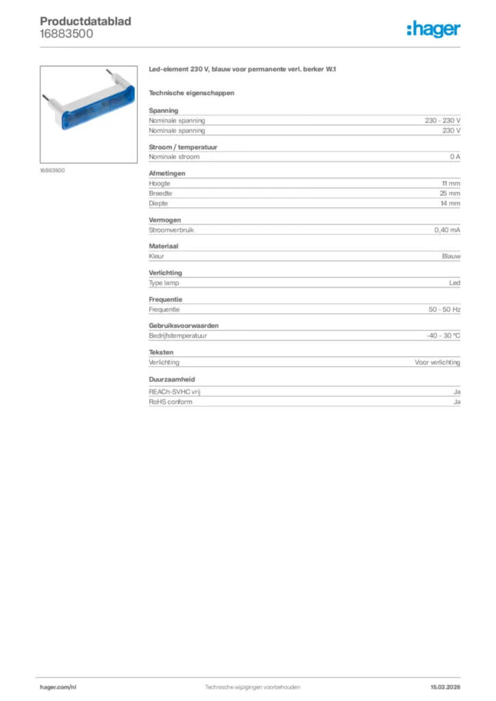 Afbeelding Hager Productdatablad 16883500 | Hager Nederland