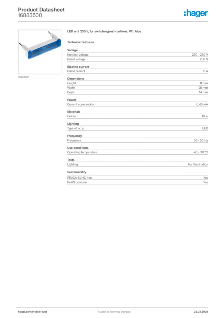 Image Hager Product data sheet 16883500  | Hager