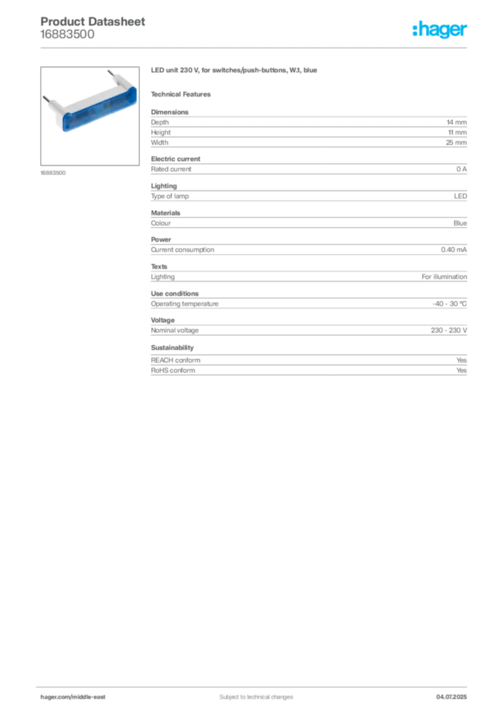 Image Hager Product data sheet 16883500  | Hager